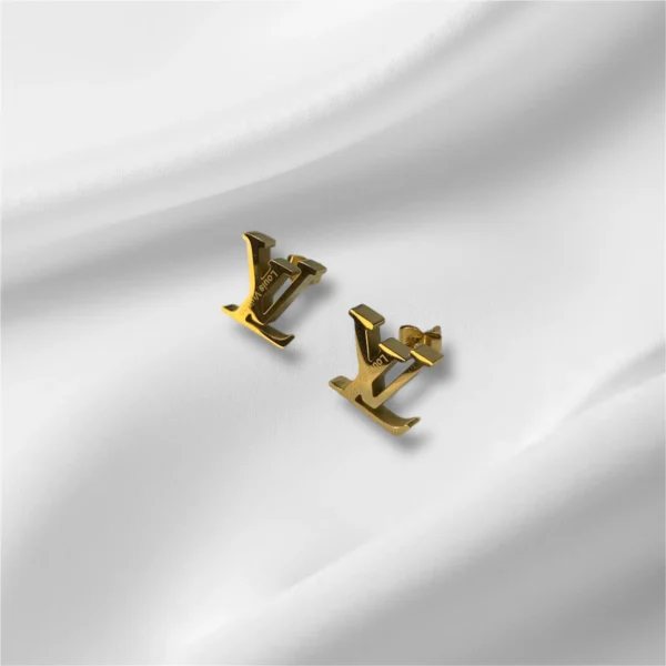 Louis Vuitton Inspired Gold Stainless Steel Stud Earrings - LV Logo - Image 2